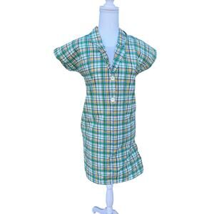 Women's Vintage Midi Shirt Shift Dress Collared Short Sleeve Green Plaid Size XL